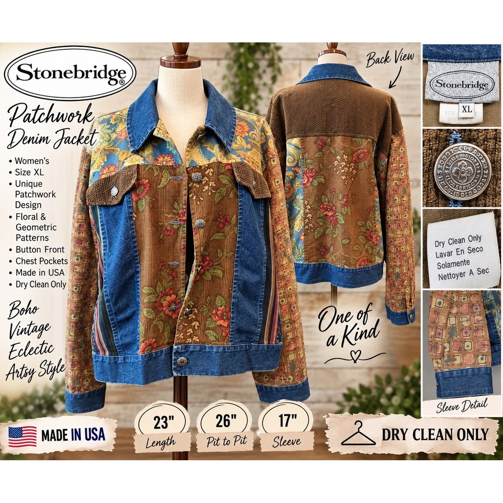 Stonebridge Patchwork Denim Jacket XL Floral Corduroy Boho Artsy Made in USA